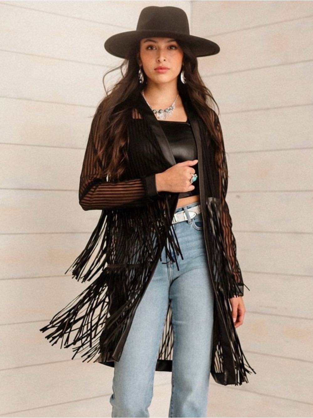 Black Fringe Sheer Leather-Trim Duster Jacket - Women